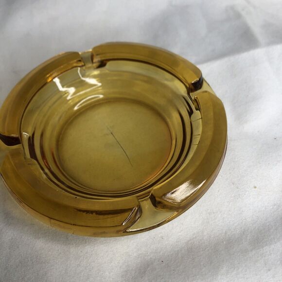 Vintage Amber Ashtray 4.5" Round Sun Yellow Heavy Thick Cut Glass - Picture 5 of 12